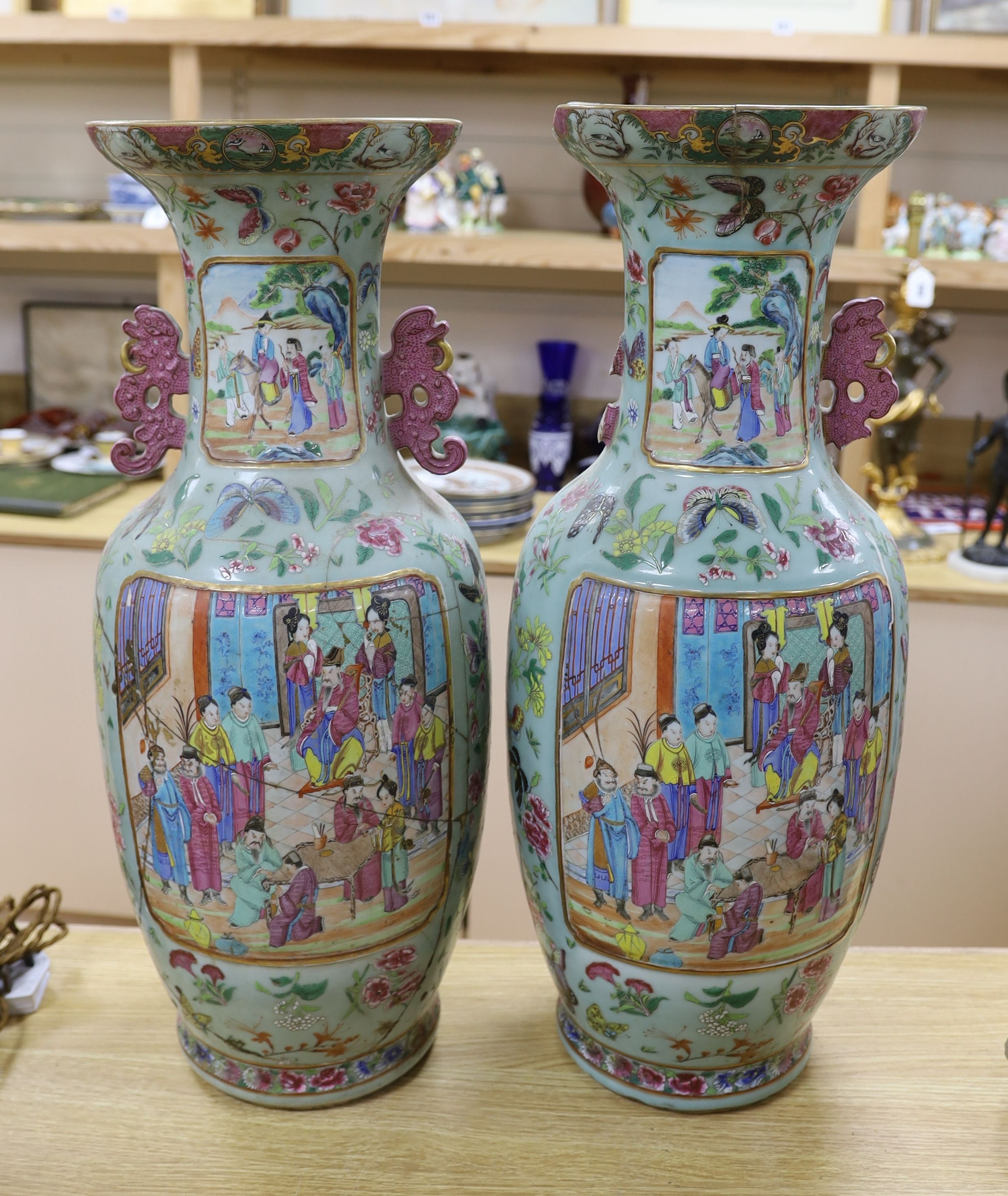 A pair of large 19th century Chinese famille rose celadon ground vases (a.f.) 65cm